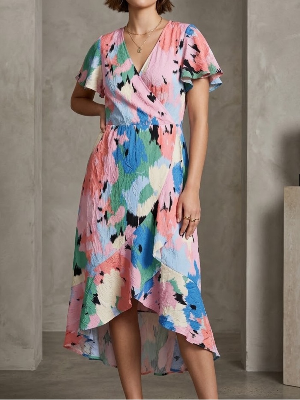 Ava & Viv Womens Pink Blue Abstract Ikat Wrap Midi Dress Flutter Sleeve NWT